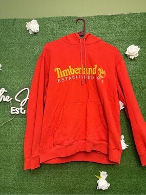 Timberland Red Pullover Hoodie with Yellow Logo